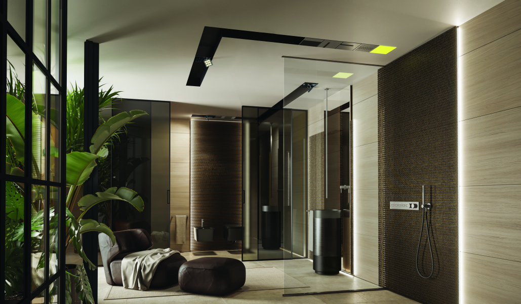 Modernes Spa-Bad mit Glasdusche, Sitzlounge und Pflanzenakzenten