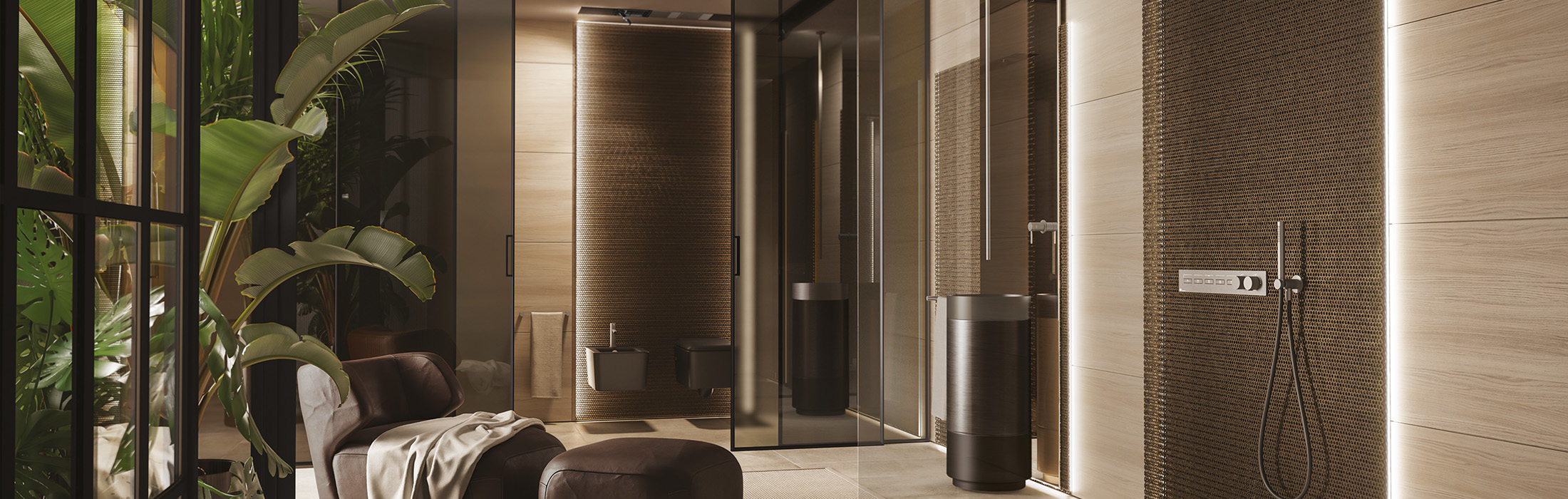 Luxuriöses Spa-Bad mit Glasdusche und Pflanzenambiente