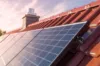 Solarmodule auf rotem Ziegeldach bei Sonnenuntergang
