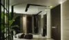 Modernes Spa-Bad mit Glasdusche, Sitzlounge und Pflanzenakzenten